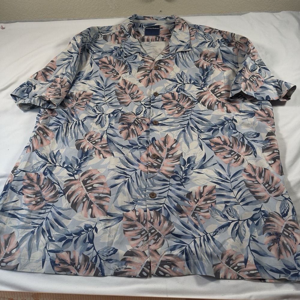 Tommy Bahama Shirt Men XXL Silk Hawaiian Camp Floral Tropical Blue Pink